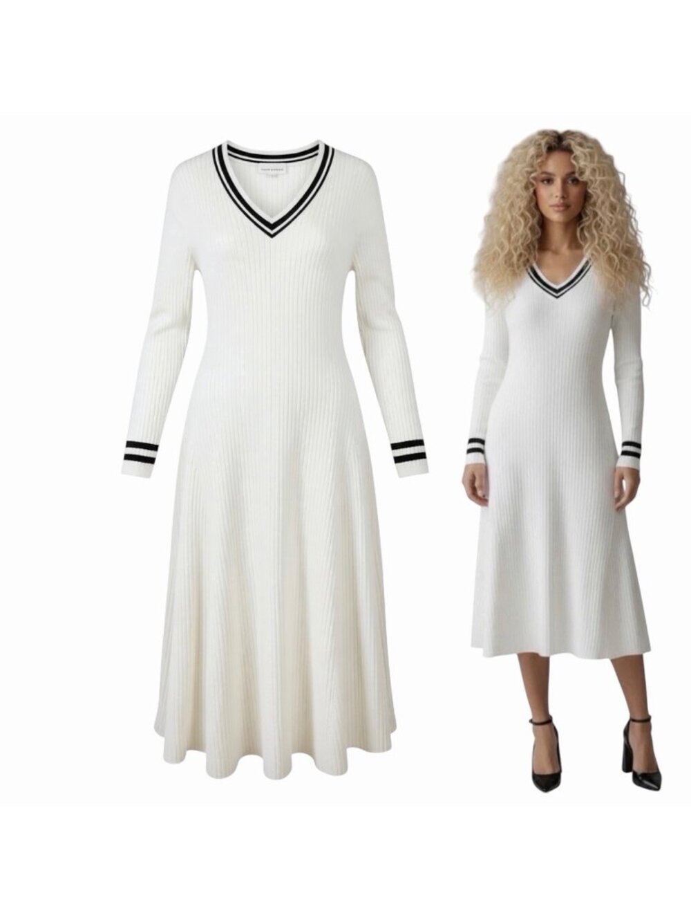 Lucky Brand Sweater Knit Midi Dress Size Large Ribbed Fit N' Flare Long Sleeve